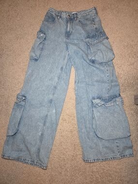 Forever 21 Light Blue Wide Leg Cargo Jeans
